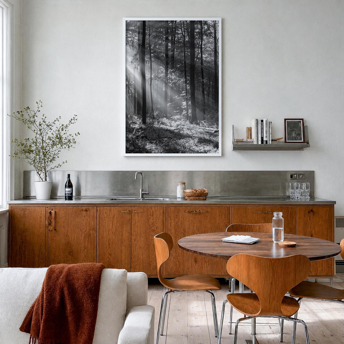Forest black & white photo poster – vertical wall art in white wood frame, hanging on wall