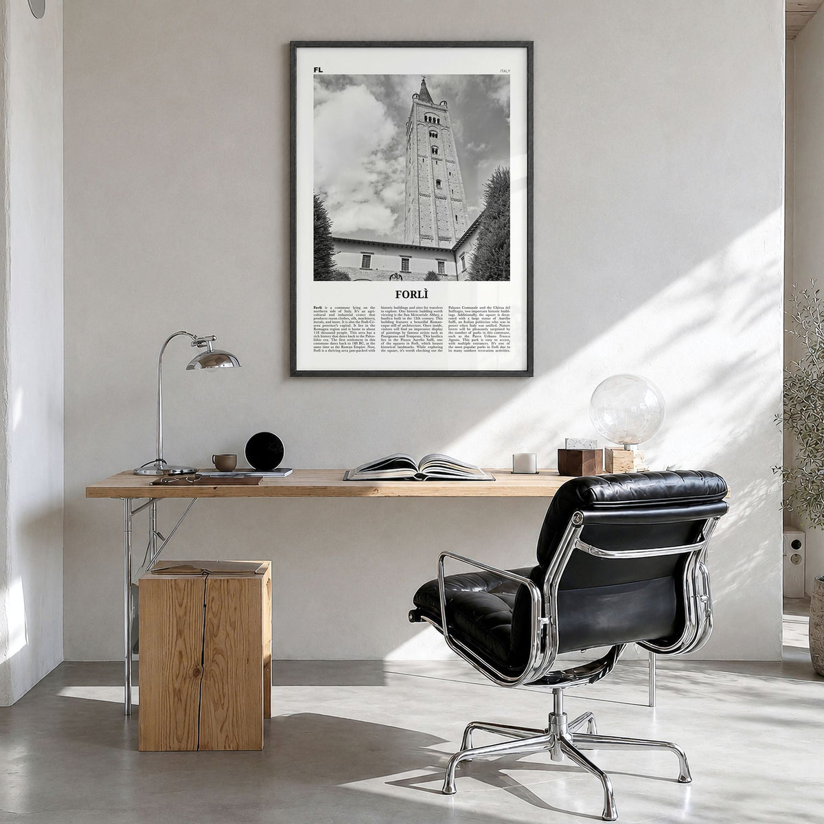 Forlì Newspaper Poster in a black wood frame, hanging in a bright home office