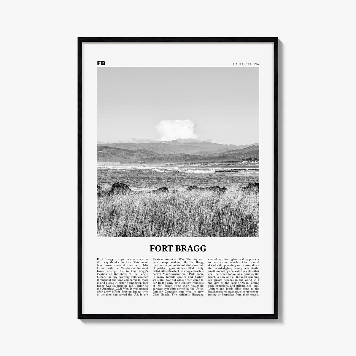 Fort Bragg black & white newspaper poster of California, USA – vertical wall art, unframed print shown in interior mockup