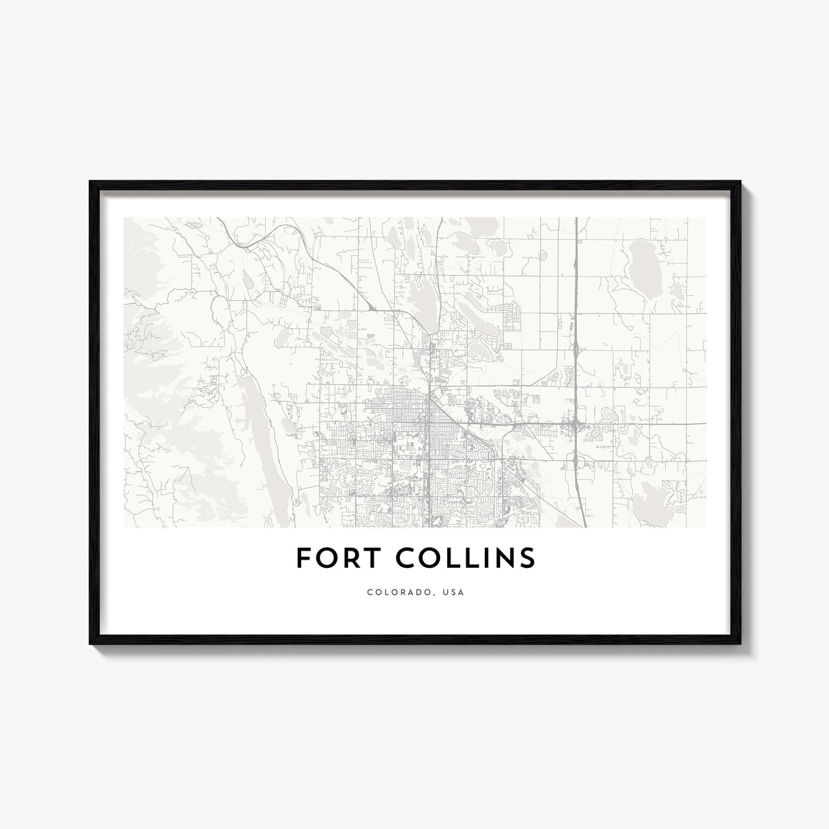 Fort Collins black & white map poster of Colorado, USA – horizontal wall art, unframed print shown in interior mockup