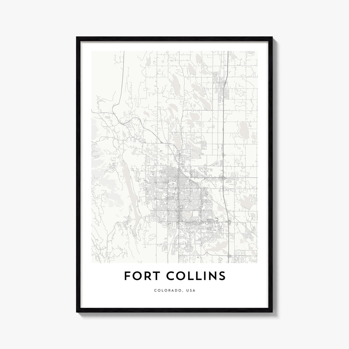 Fort Collins black & white map poster of Colorado, USA – vertical wall art, unframed print shown in interior mockup