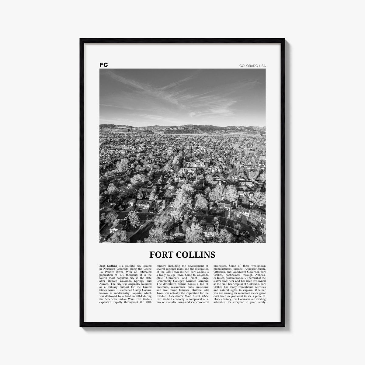Fort Collins black & white newspaper poster of Colorado, USA – vertical wall art, unframed print shown in interior mockup