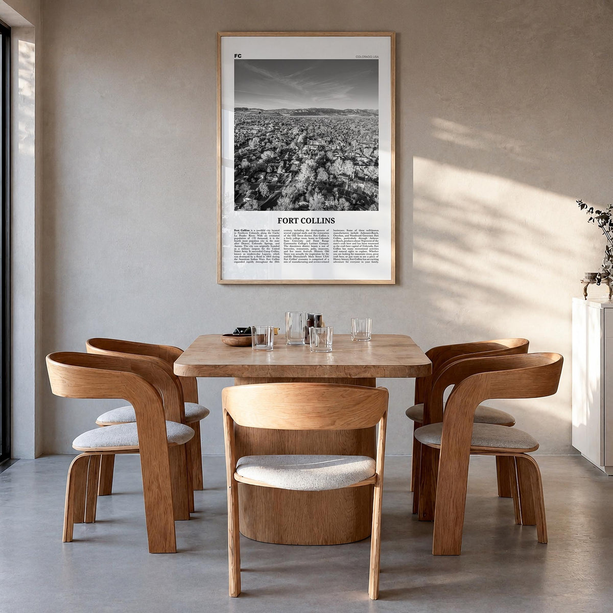 Fort Collins black & white newspaper poster of Colorado, USA – vertical wall art in natural wood frame, hanging on wall