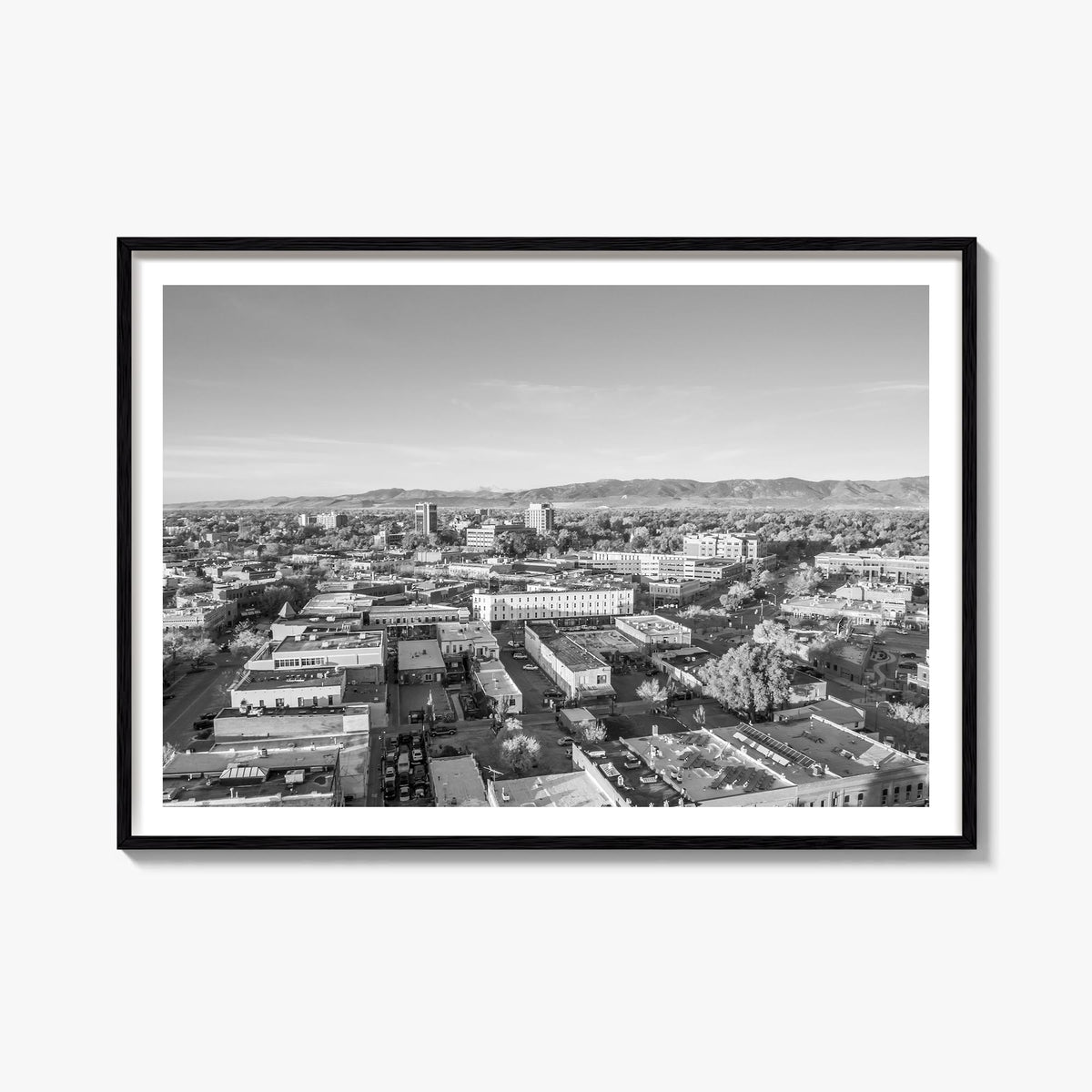 Fort Collins black & white photo poster of Colorado, USA – horizontal wall art, unframed print shown in interior mockup