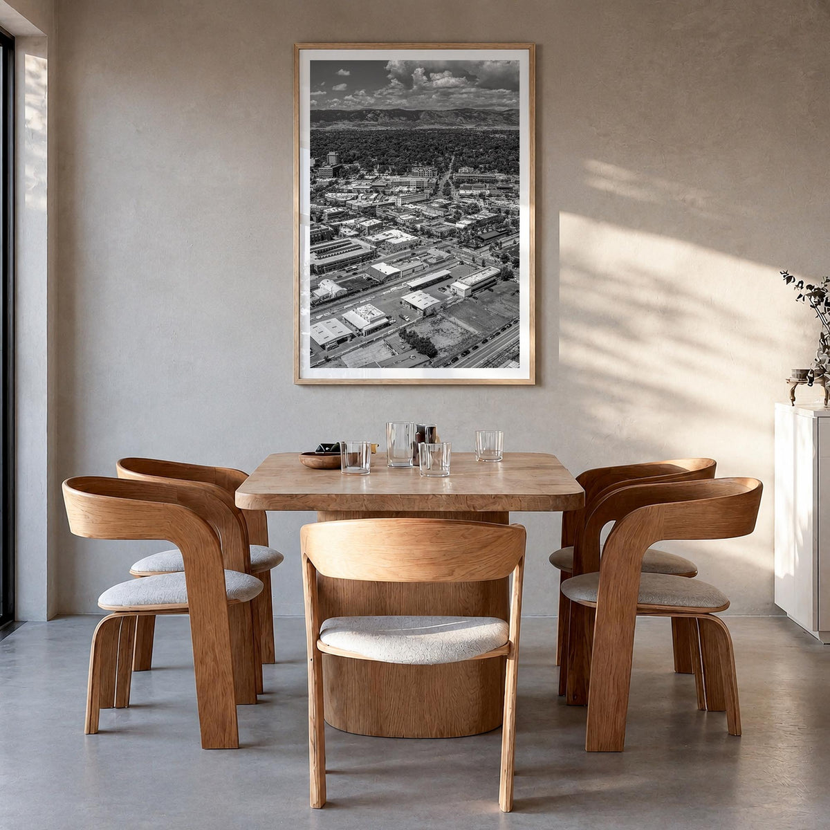 Fort Collins black & white photo poster of Colorado, USA – vertical wall art in natural wood frame with white border, hanging