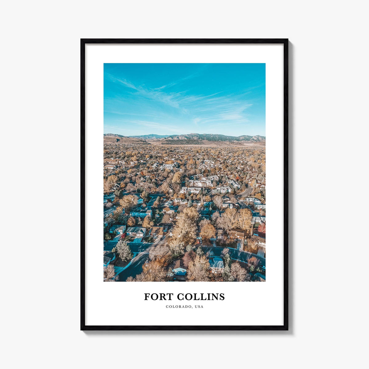 Fort Collins colorful classic poster of Colorado, USA – vertical wall art, unframed print shown in interior mockup