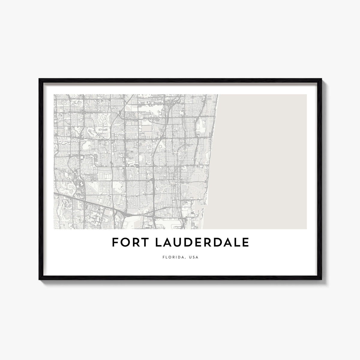 Fort Lauderdale black & white map poster of Florida, USA – horizontal wall art, unframed print shown in interior mockup