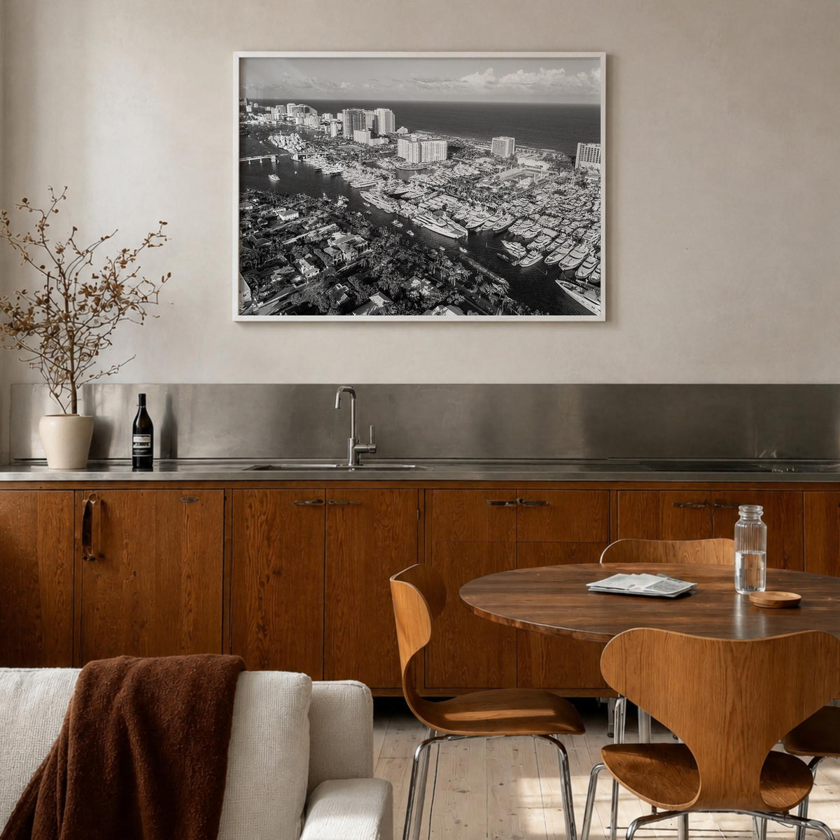 Fort Lauderdale black & white photo poster of Florida, USA – horizontal wall art in white wood frame, hanging on wall