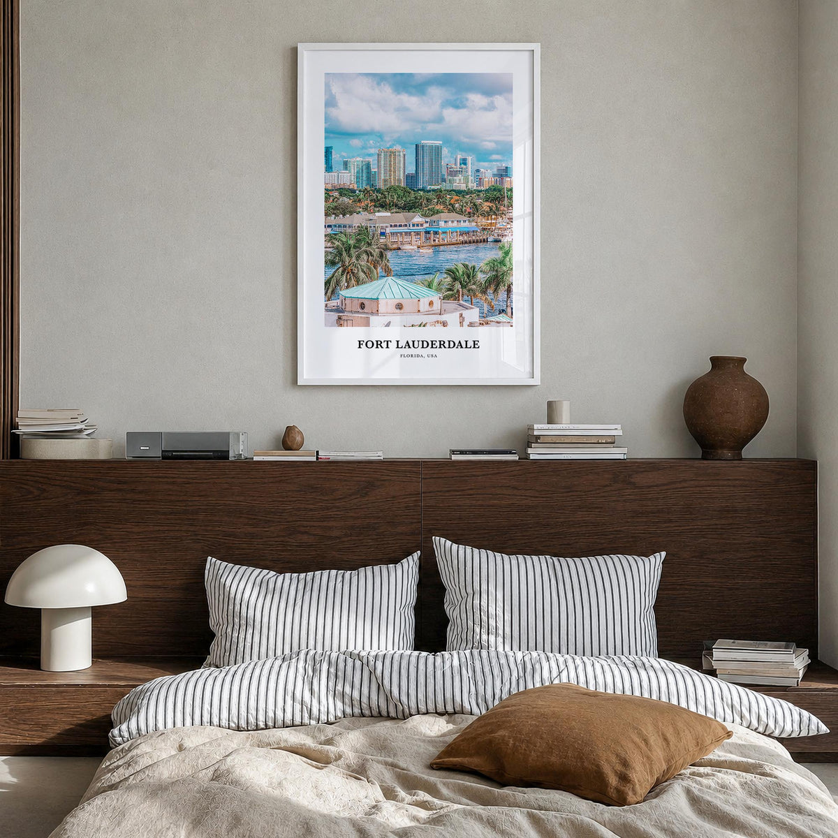 Fort Lauderdale colorful classic poster of Florida, USA – vertical wall art in white wood frame, hanging on wall