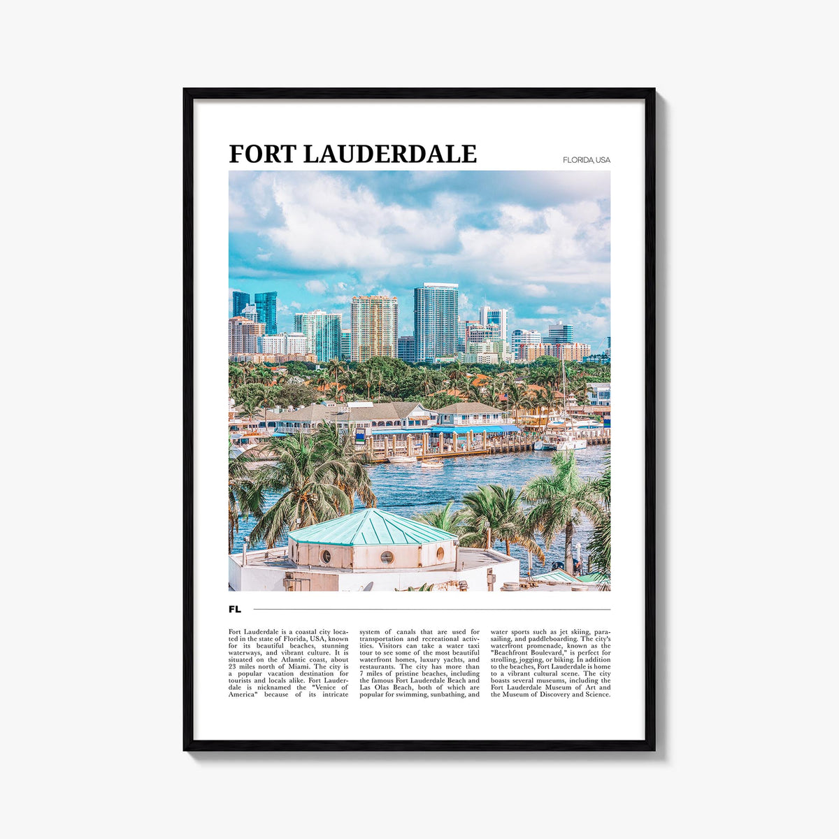 Fort Lauderdale colorful travel poster of Florida, USA – vertical wall art, unframed print shown in interior mockup