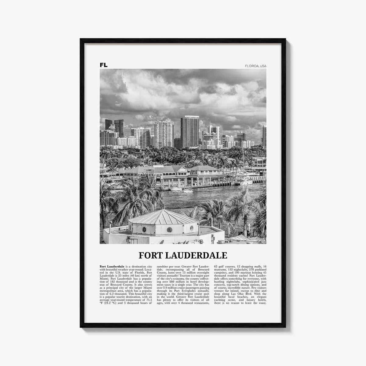 Fort Lauderdale no. 1 black & white newspaper poster of Florida, USA – vertical wall art, unframed print shown in interior mo