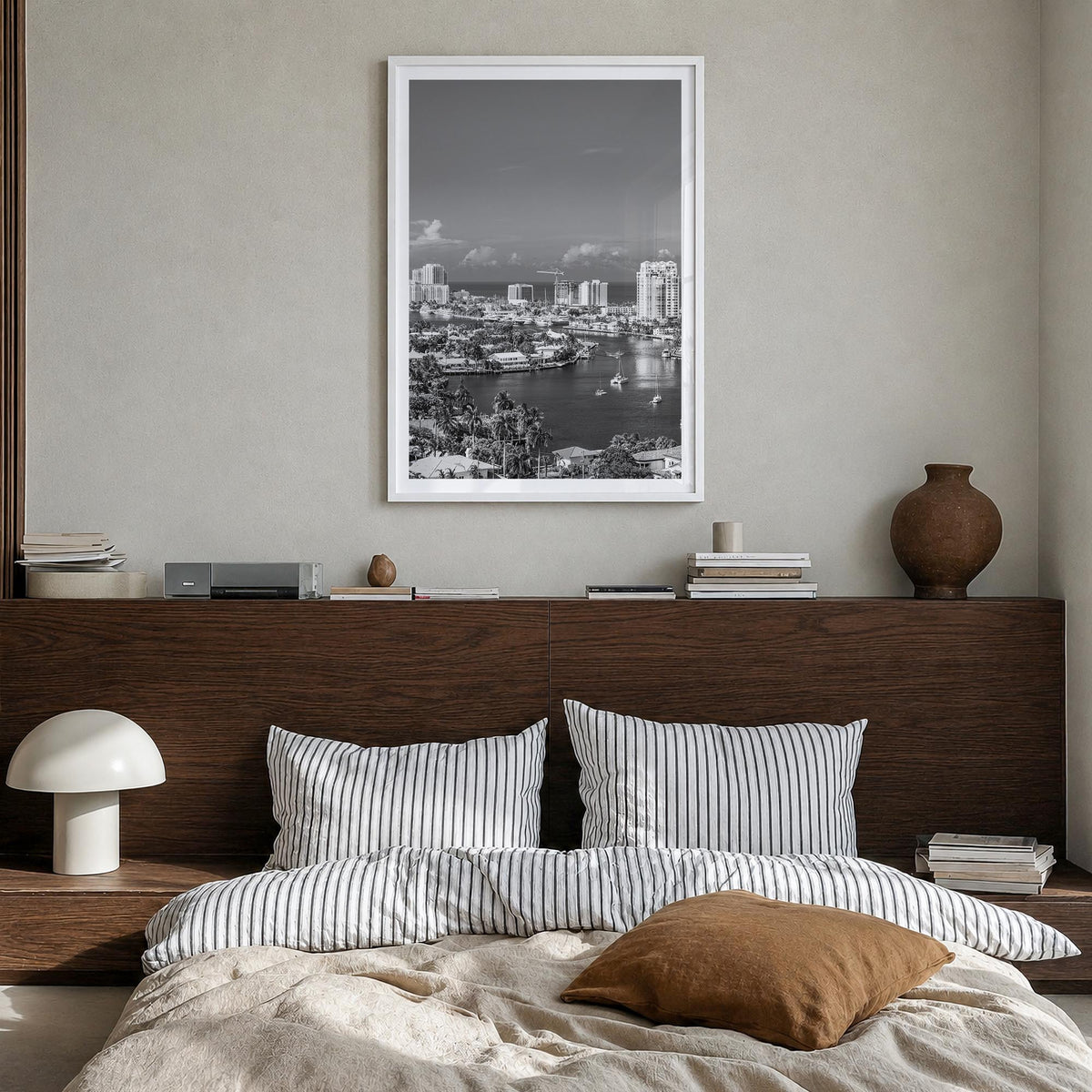 Fort Lauderdale no. 1 black & white photo poster of Florida, USA – vertical wall art in white wood frame with white border, h