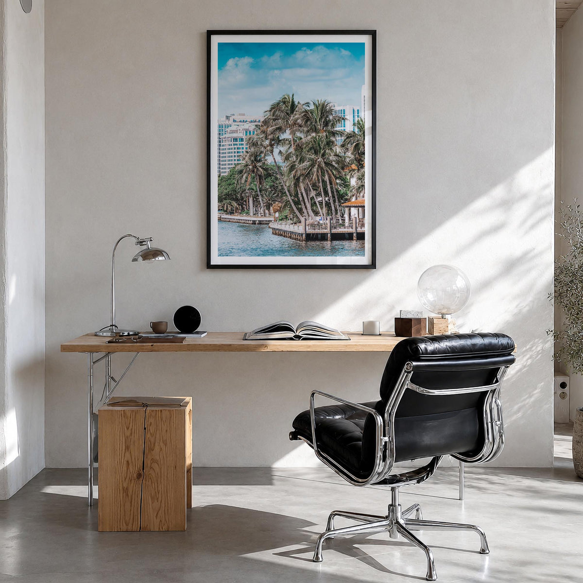 Fort Lauderdale no. 1 colorful photo poster of Florida, USA – vertical wall art in black wood frame with white border, hangin