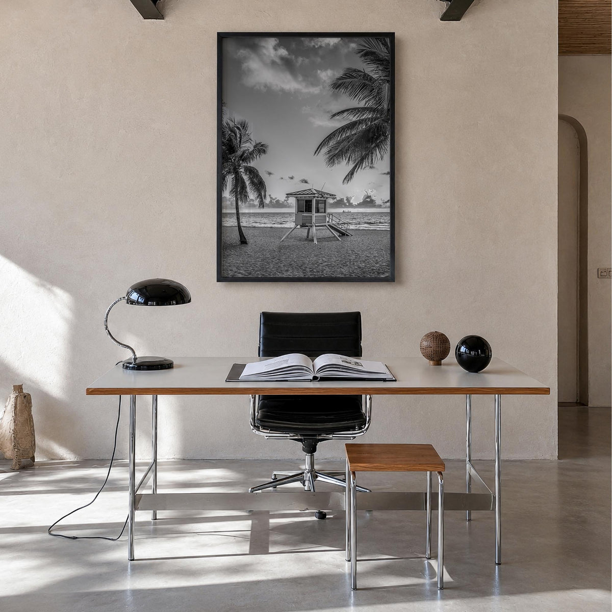 Fort Lauderdale no. 2 black & white photo poster of Florida, USA – vertical wall art in black wood frame, hanging on wall