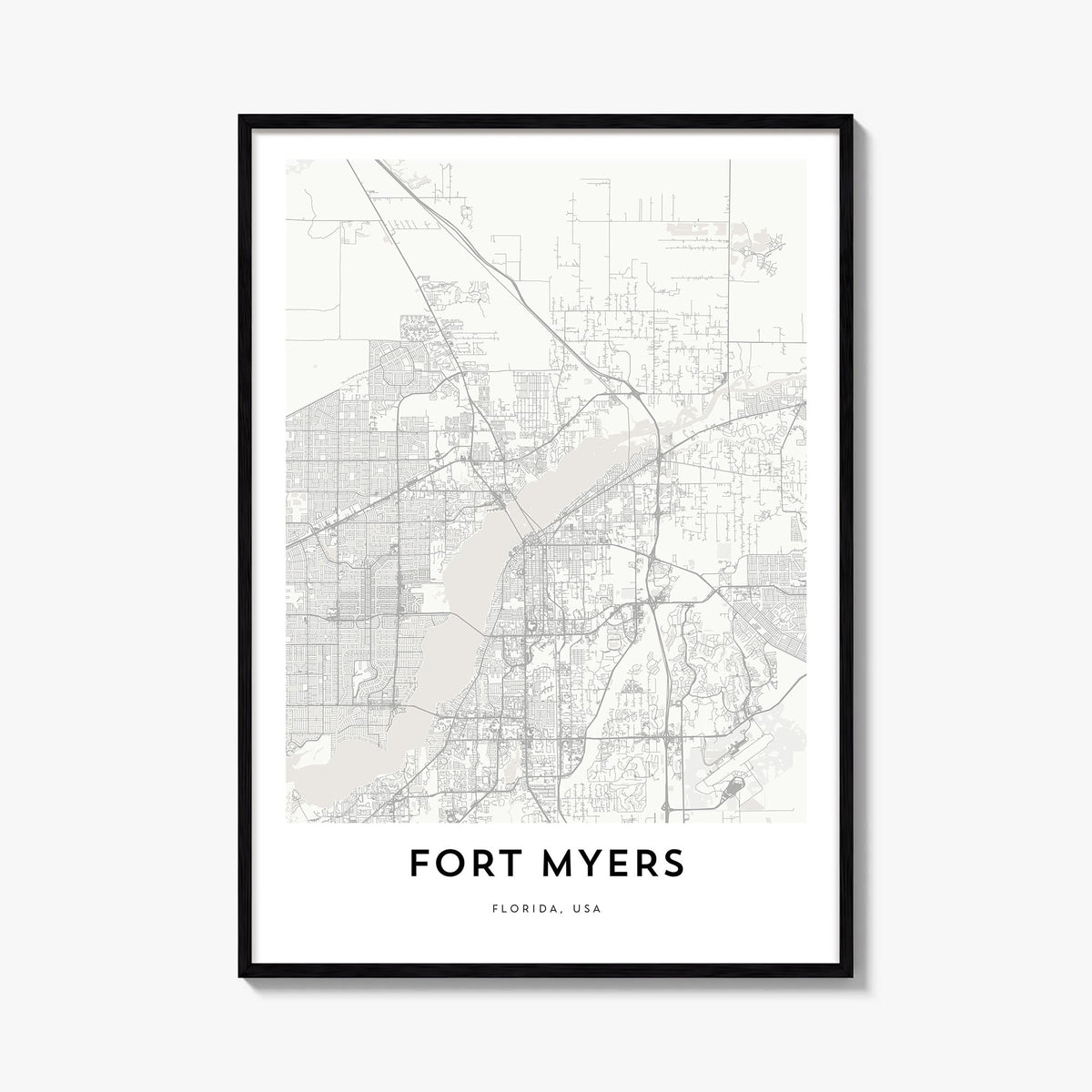 Fort Myers black & white map poster of Florida, USA – vertical wall art, unframed print shown in interior mockup