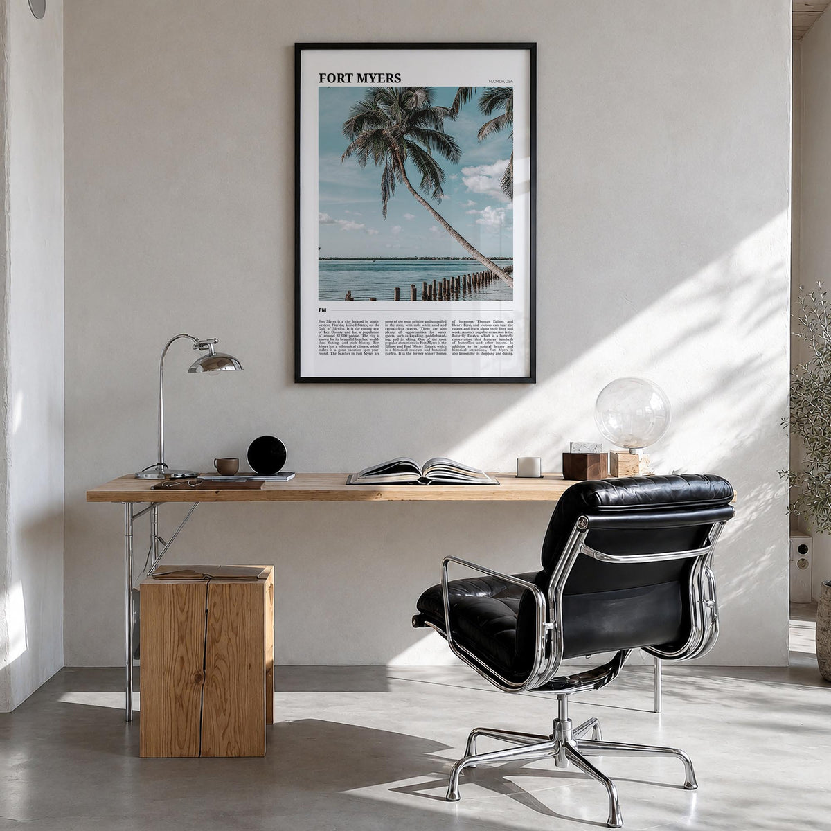 Fort Myers colorful travel poster of Florida, USA – vertical wall art in black wood frame, hanging on wall