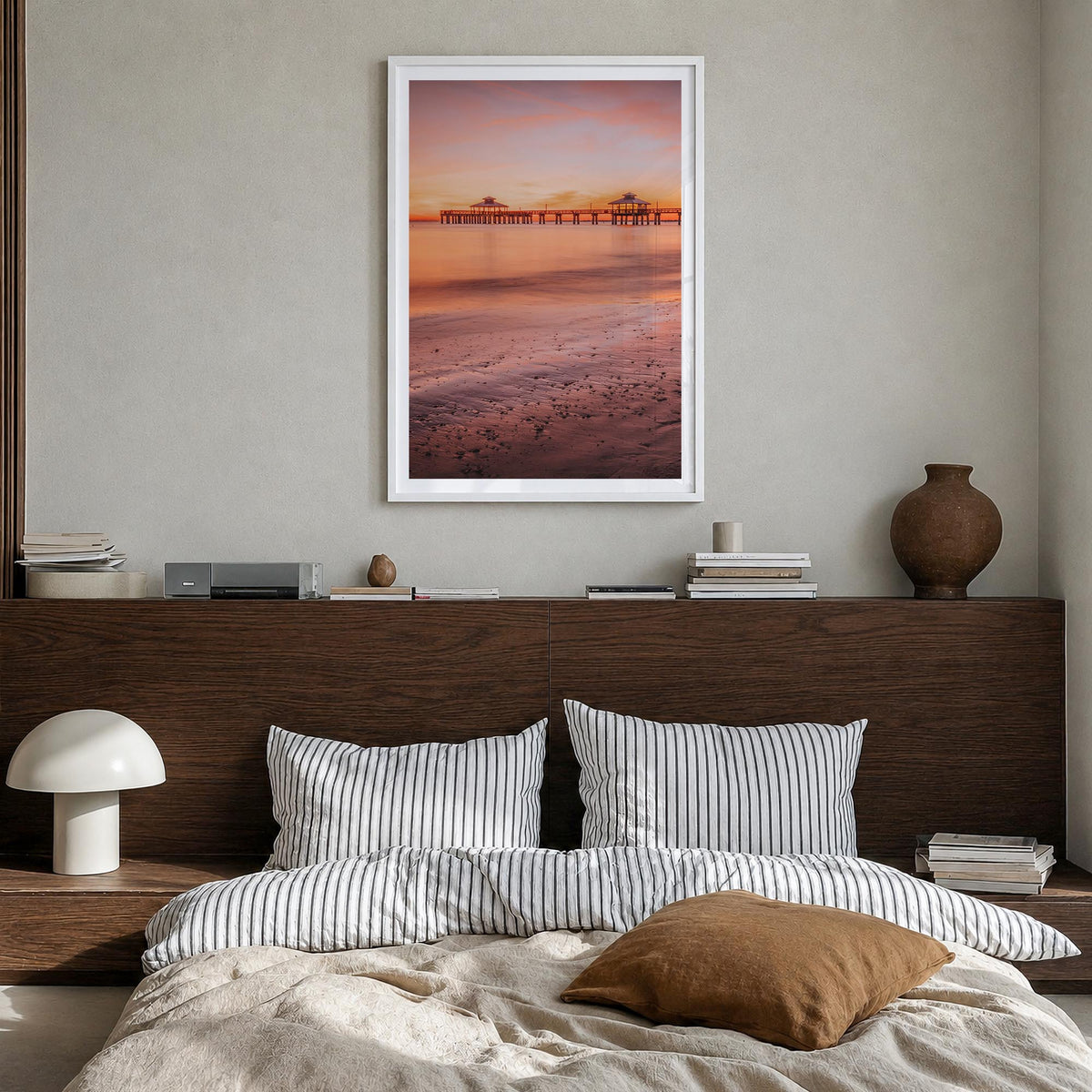 Fort Myers no. 3 colorful photo poster of Florida, USA – vertical wall art in white wood frame with white border, hanging on