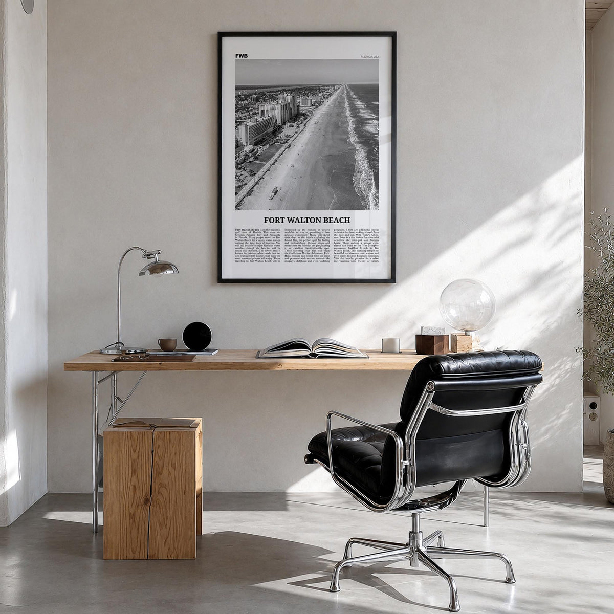 Fort Walton Beach no. 2 black & white newspaper poster of Florida, USA – vertical wall art in black wood frame, hanging on wa
