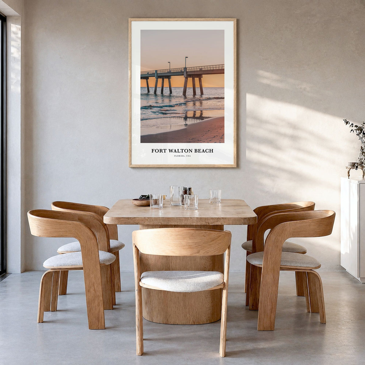 Fort Walton Beach Classic Poster in a natural wood frame, hanging in a dining room