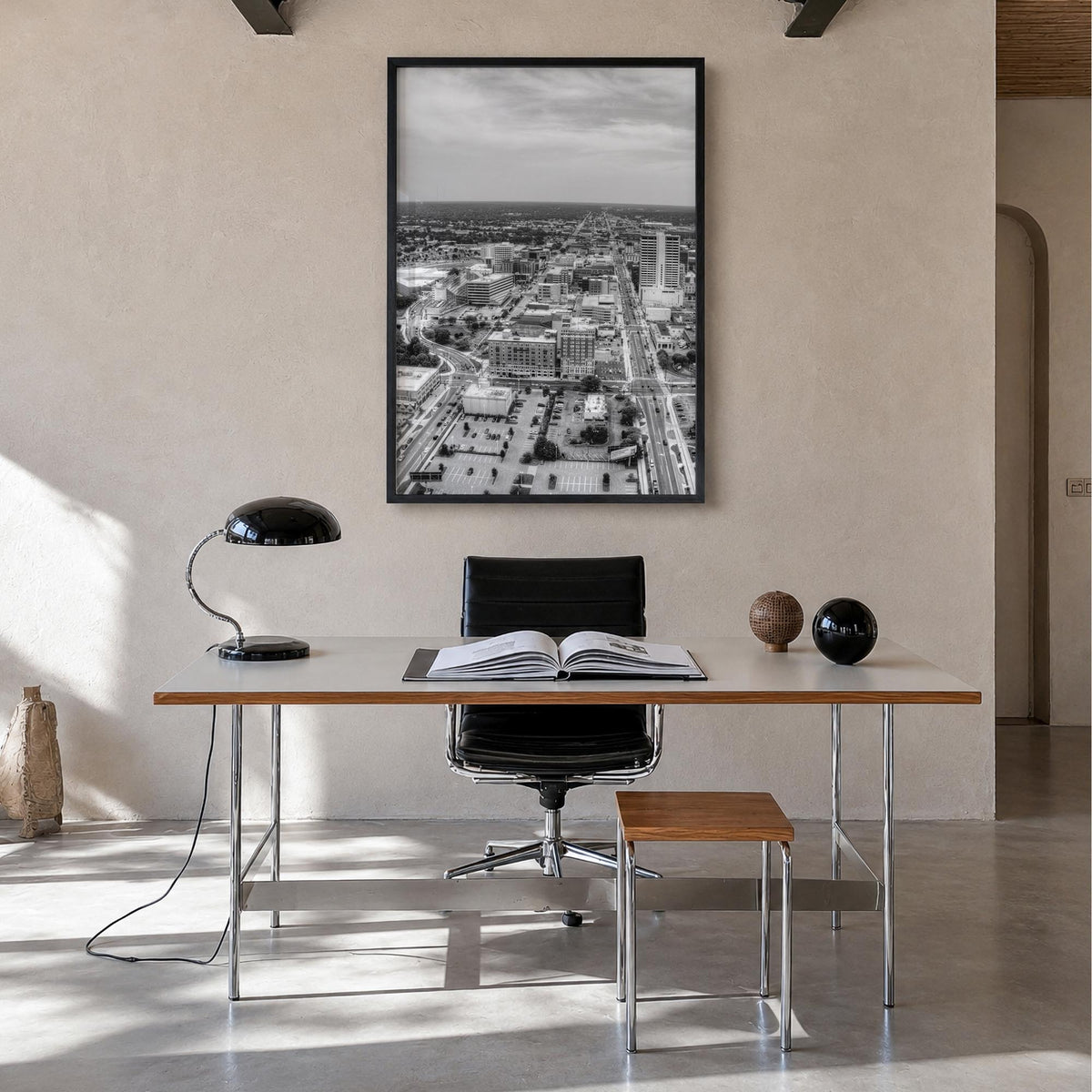 Fort Wayne black & white photo poster of Indiana, USA – vertical wall art in black wood frame, hanging on wall