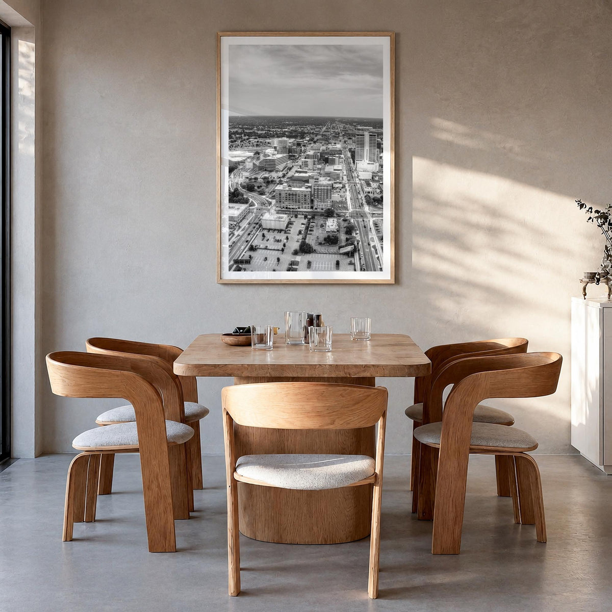 Fort Wayne black & white photo poster of Indiana, USA – vertical wall art in natural wood frame with white border, hanging on