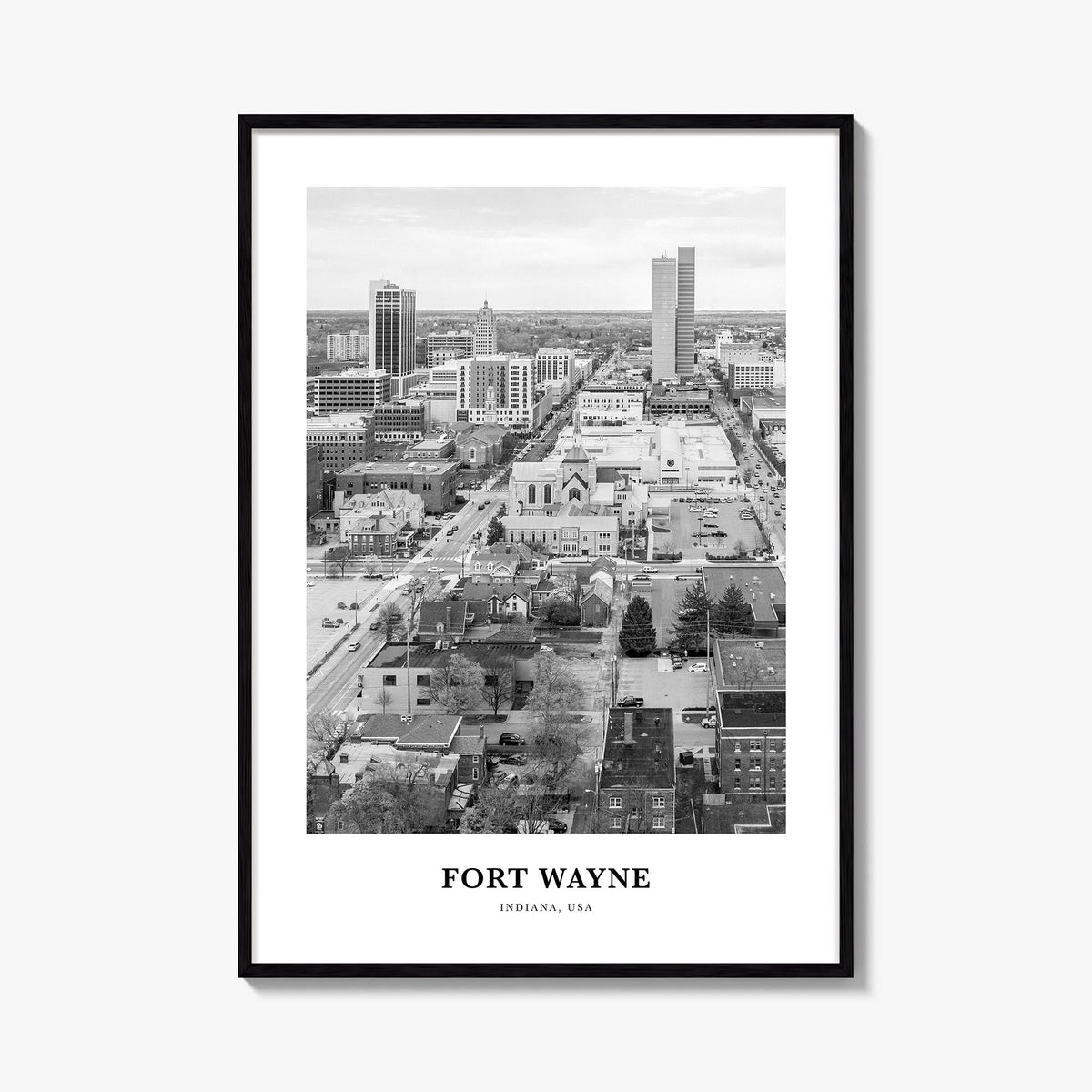 Fort Wayne no. 2 black & white classic poster of Indiana, USA – vertical wall art, unframed print shown in interior mockup