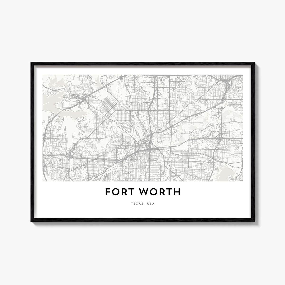 Fort Worth black & white map poster of Texas, USA – horizontal wall art, unframed print shown in interior mockup