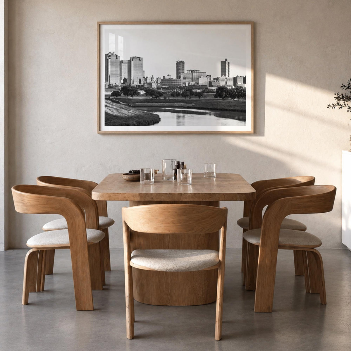 Fort Worth black & white photo poster of Texas, USA – horizontal wall art in natural wood frame with white border, hanging on