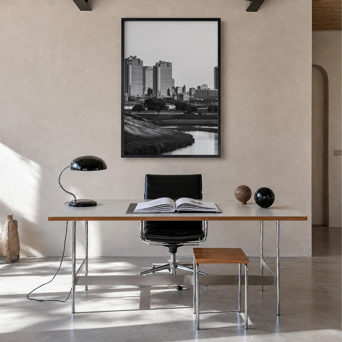 Fort Worth no. 1 black & white photo poster of Texas, USA – vertical wall art in black wood frame, hanging on wall