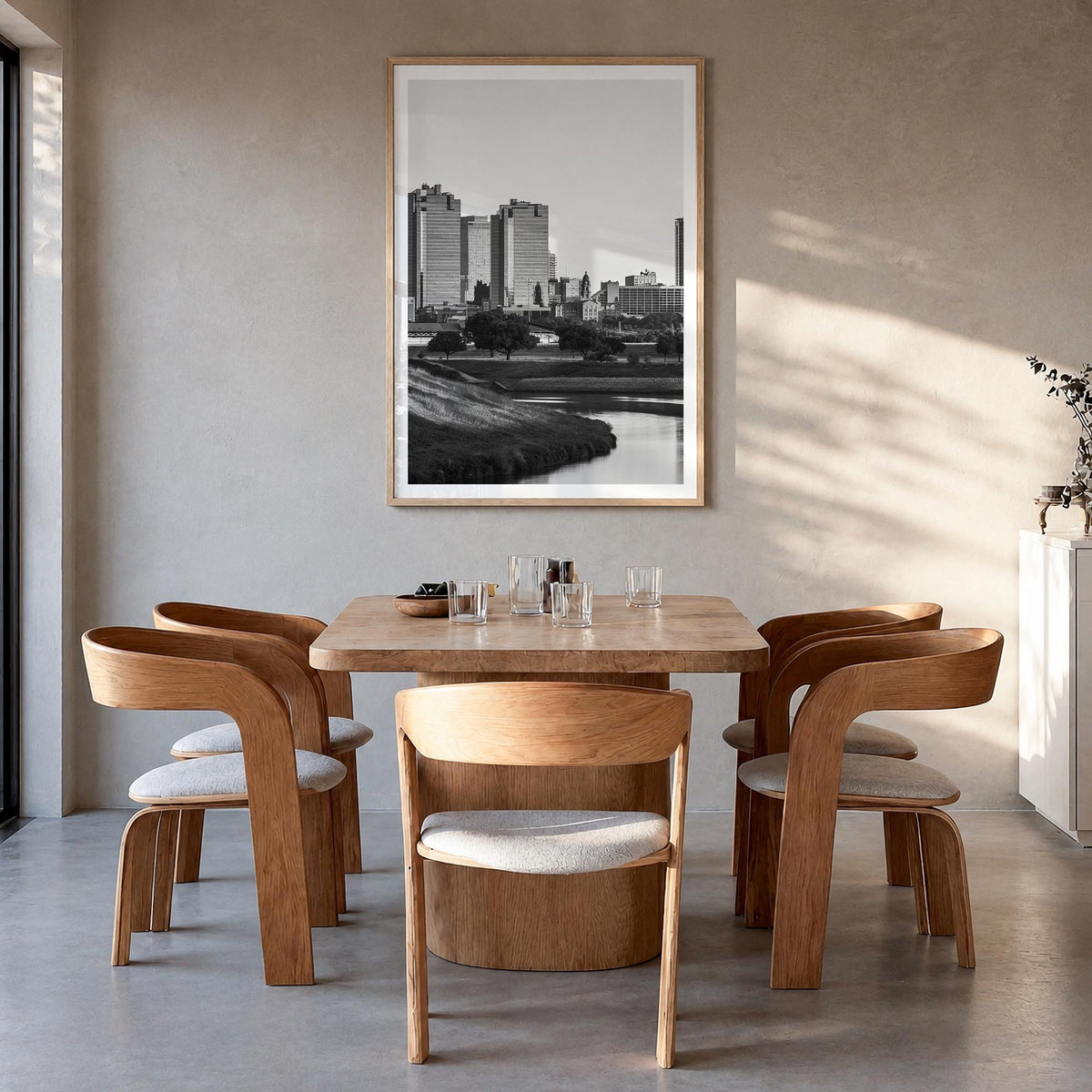 Fort Worth no. 1 black & white photo poster of Texas, USA – vertical wall art in natural wood frame with white border, hangin