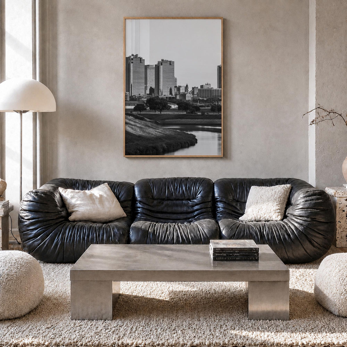 Fort Worth no. 1 black & white photo poster of Texas, USA – vertical wall art in natural wood frame, hanging on wall