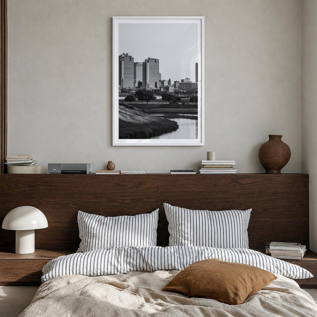 Fort Worth no. 1 black & white photo poster of Texas, USA – vertical wall art in white wood frame with white border, hanging