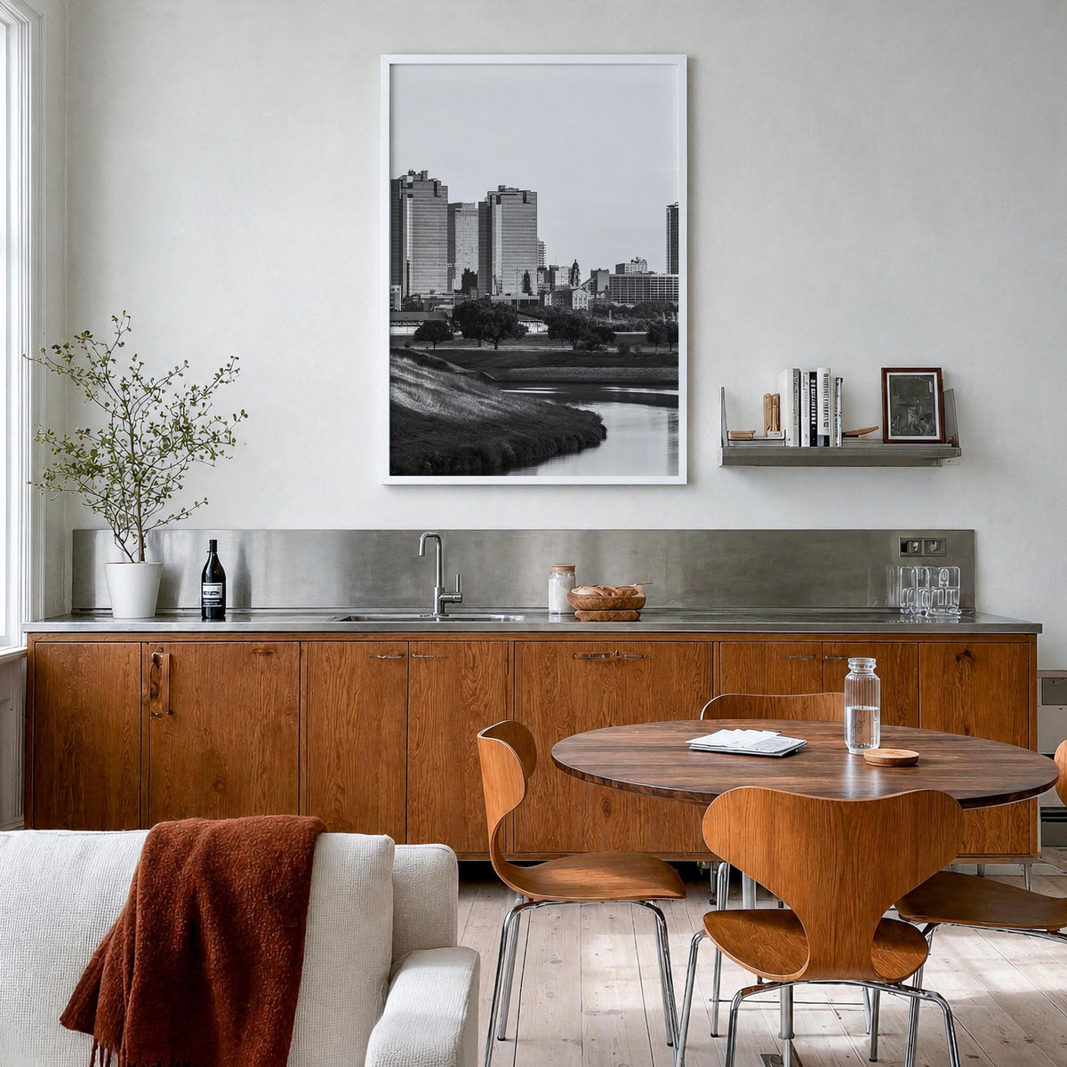 Fort Worth no. 1 black & white photo poster of Texas, USA – vertical wall art in white wood frame, hanging on wall