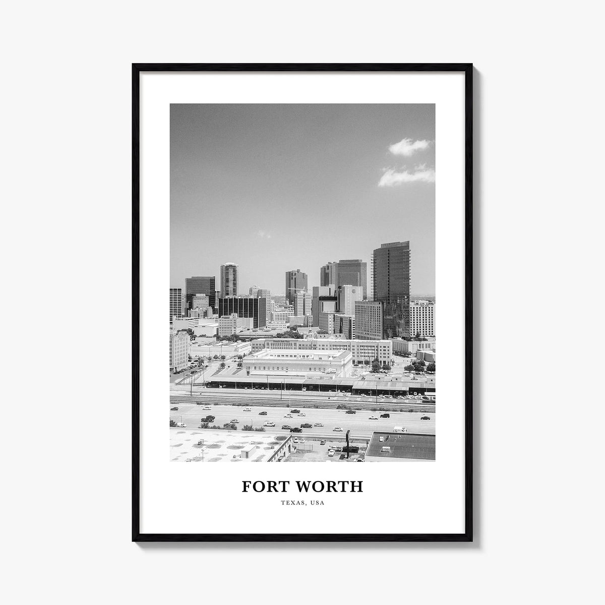 Fort Worth no. 2 black & white classic poster of Texas, USA – vertical wall art, unframed print shown in interior mockup