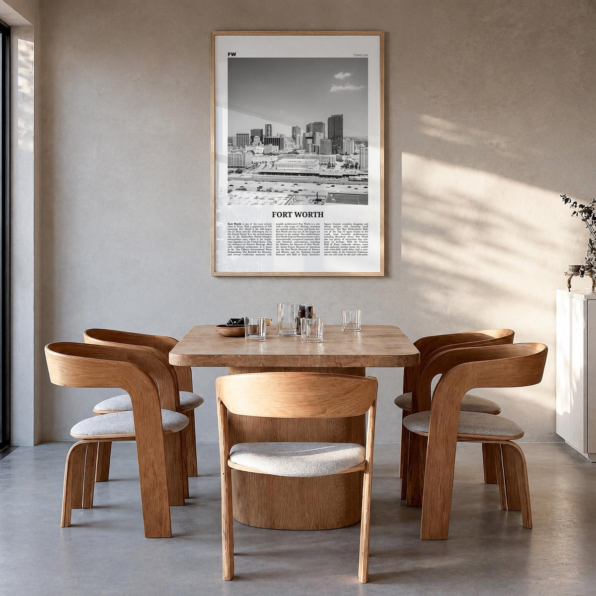 Fort Worth no. 2 black & white newspaper poster of Texas, USA – vertical wall art in natural wood frame, hanging on wall