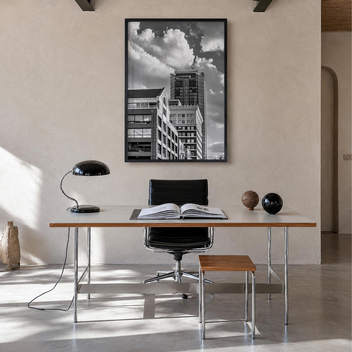 Fort Worth no. 2 black & white photo poster of Texas, USA – vertical wall art in black wood frame, hanging on wall