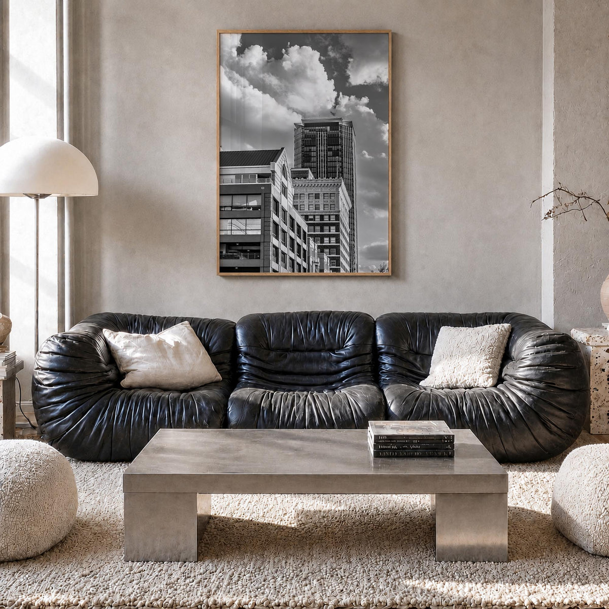Fort Worth no. 2 black & white photo poster of Texas, USA – vertical wall art in natural wood frame, hanging on wall