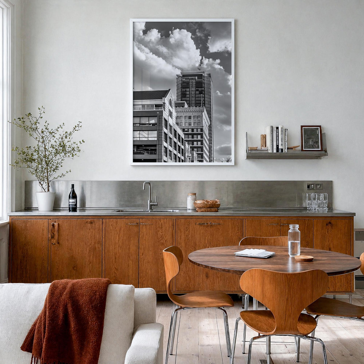 Fort Worth no. 2 black & white photo poster of Texas, USA – vertical wall art in white wood frame, hanging on wall