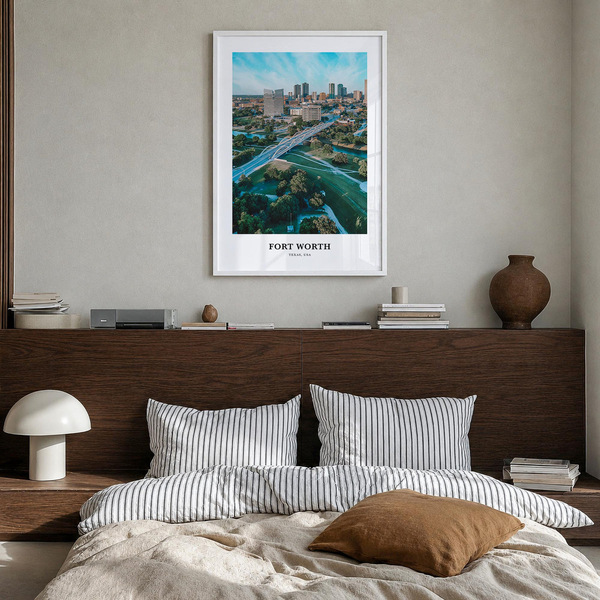 Fort Worth no. 2 colorful classic poster of Texas, USA – vertical wall art in white wood frame, hanging on wall
