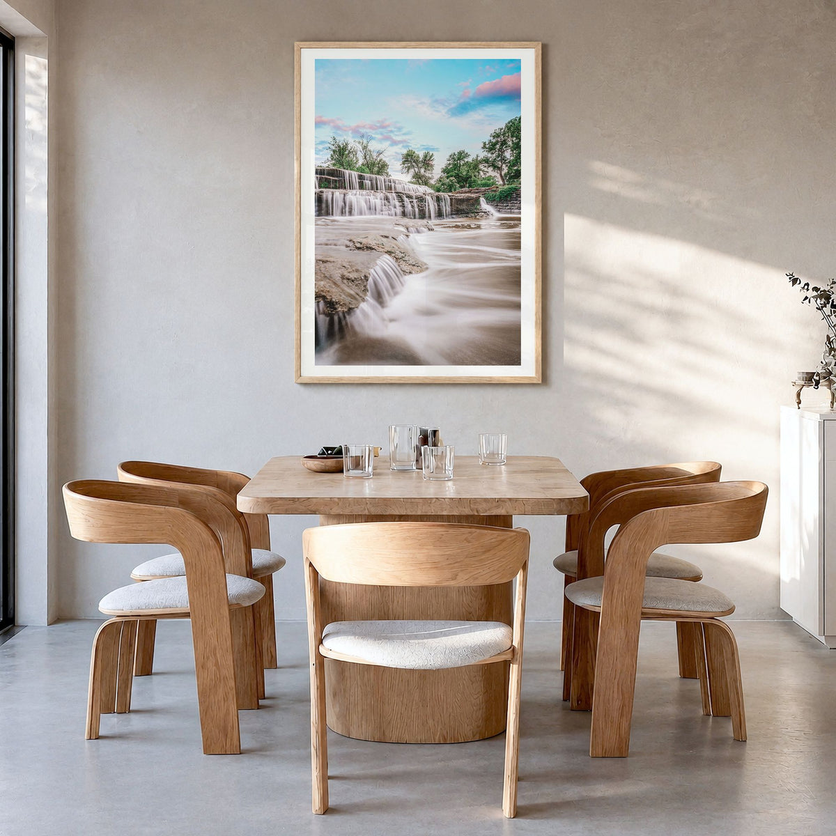 Fort Worth Photo No 2 Poster in a natural wood frame, hanging in a dining room, white border