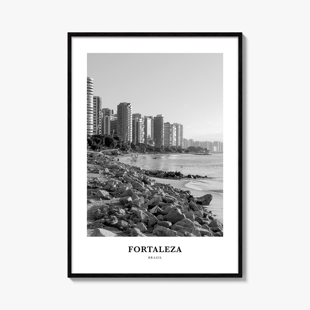 Fortaleza black & white classic poster of Brazil – vertical wall art, unframed print shown in interior mockup