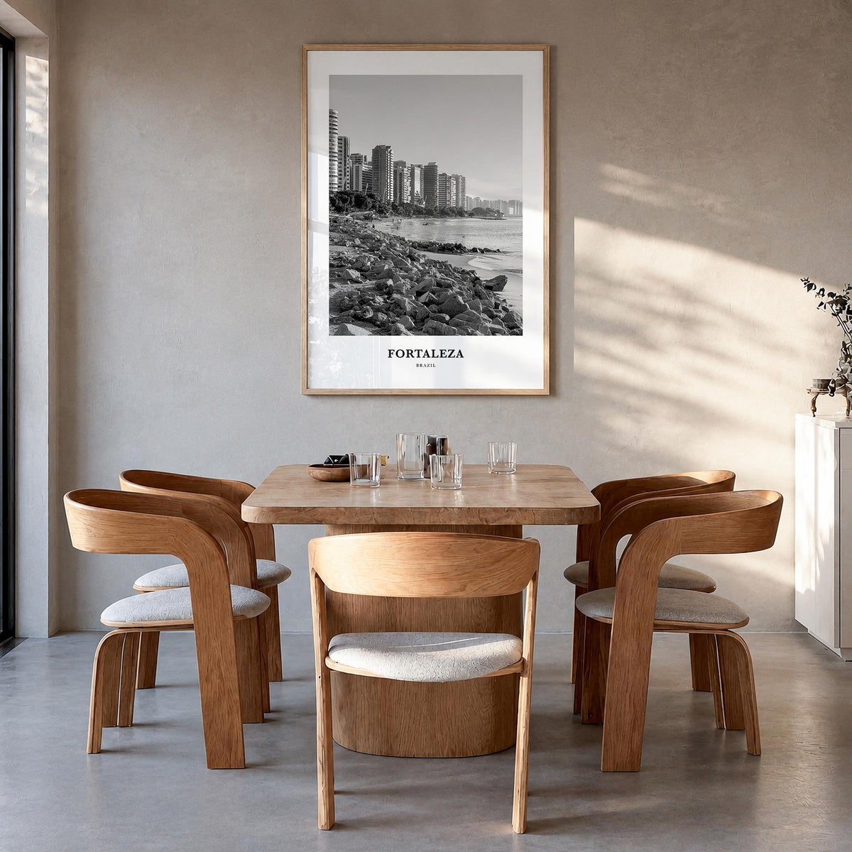 Fortaleza black & white classic poster of Brazil – vertical wall art in natural wood frame, hanging on wall