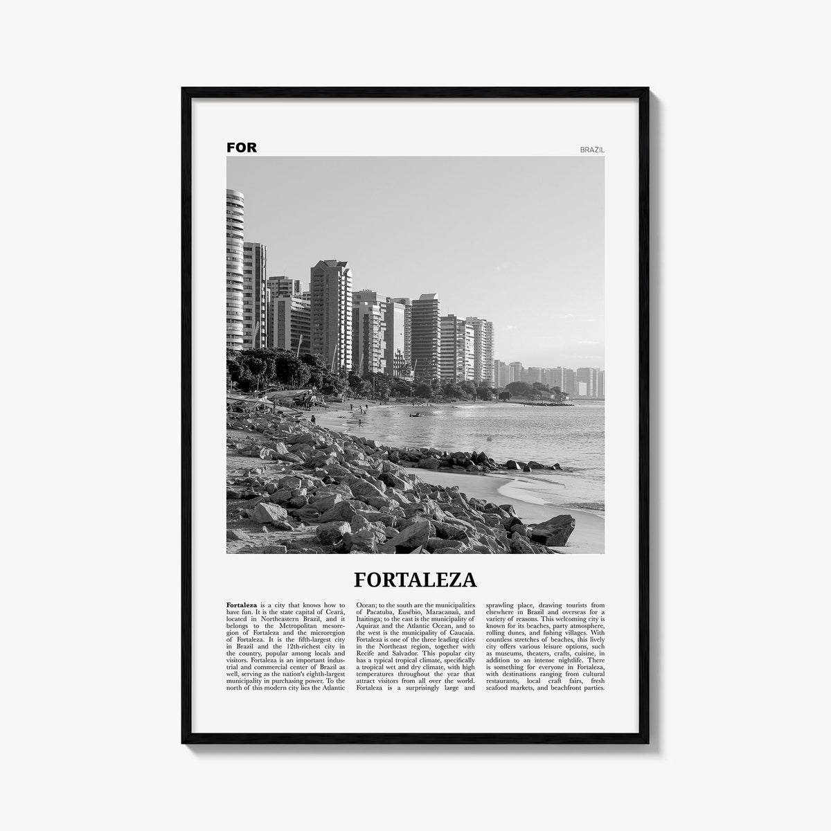 Fortaleza black & white newspaper poster of Brazil – vertical wall art, unframed print shown in interior mockup