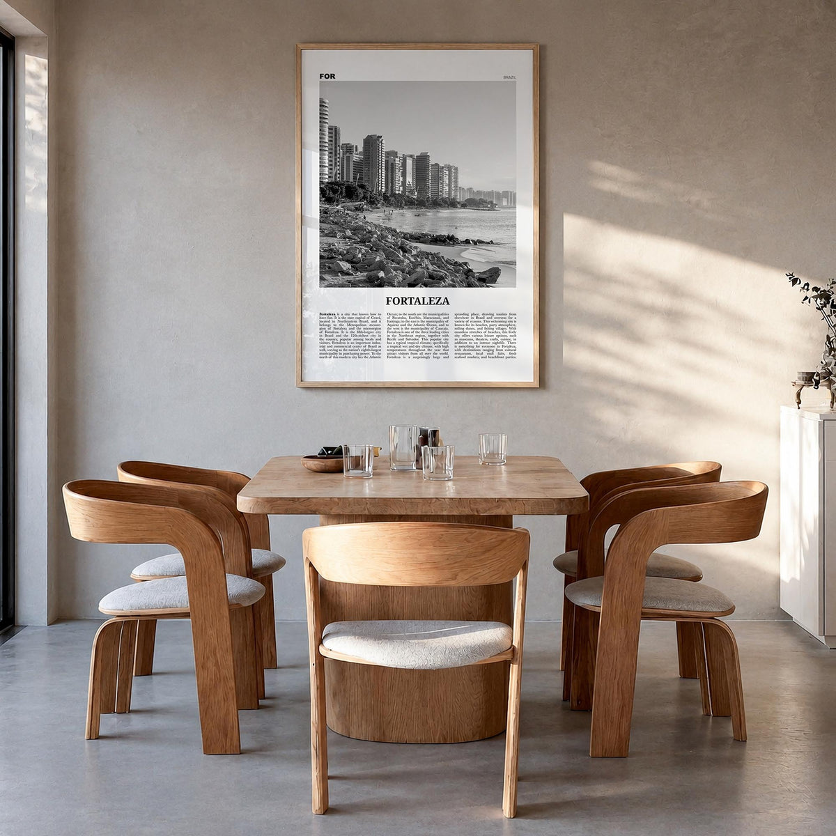 Fortaleza black & white newspaper poster of Brazil – vertical wall art in natural wood frame, hanging on wall