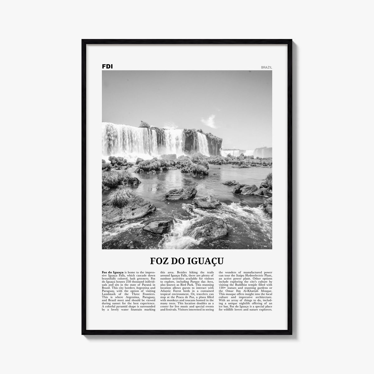 Foz do Iguaçu black & white newspaper poster of Brazil – vertical wall art, unframed print shown in interior mockup