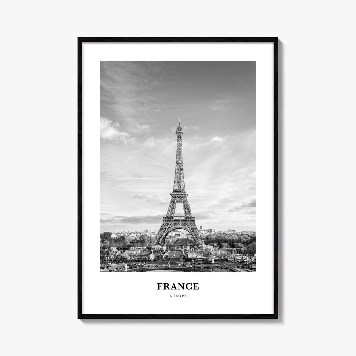 France no. 3 black & white classic poster of Europe – vertical wall art, unframed print shown in interior mockup