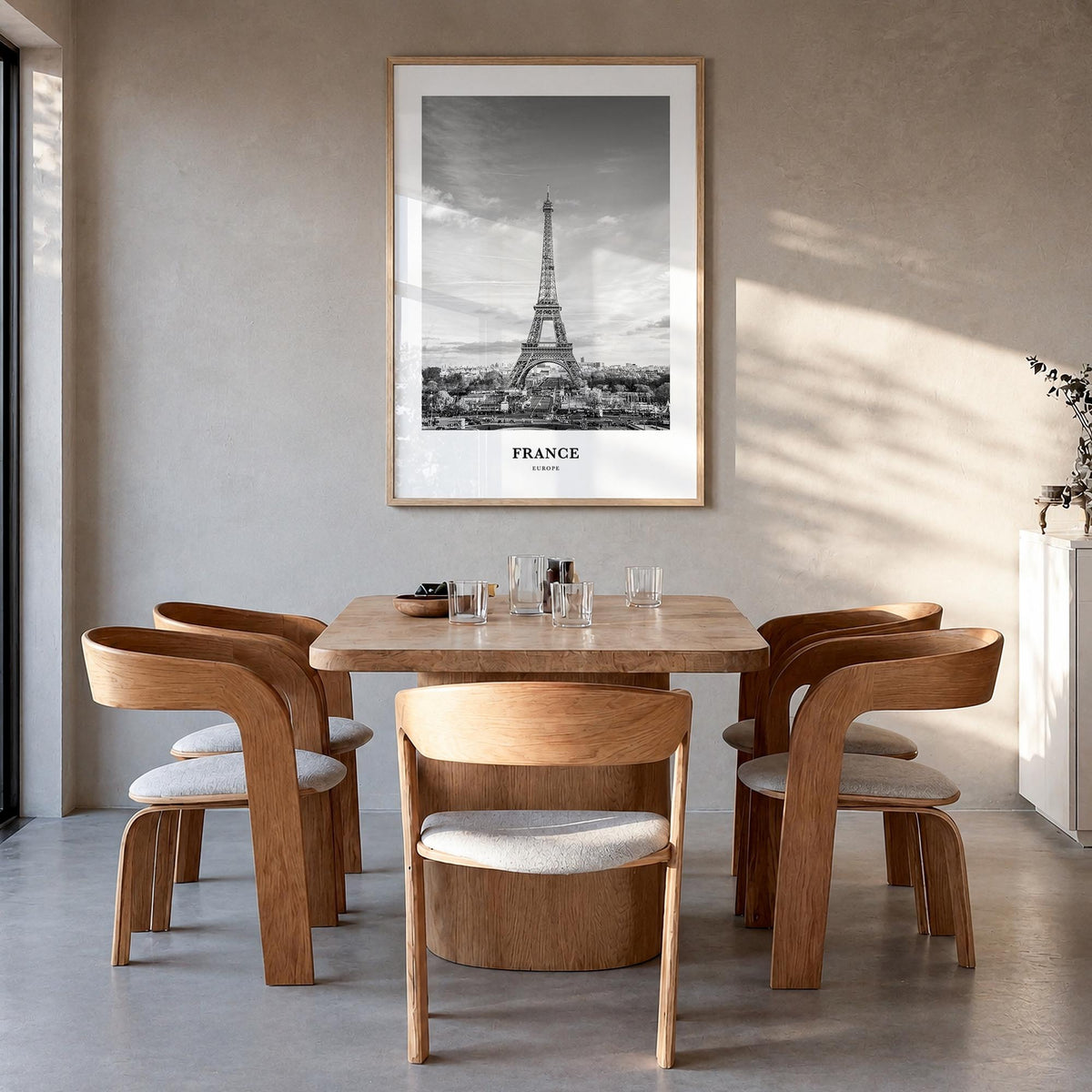 France no. 3 black & white classic poster of Europe – vertical wall art in natural wood frame, hanging on wall