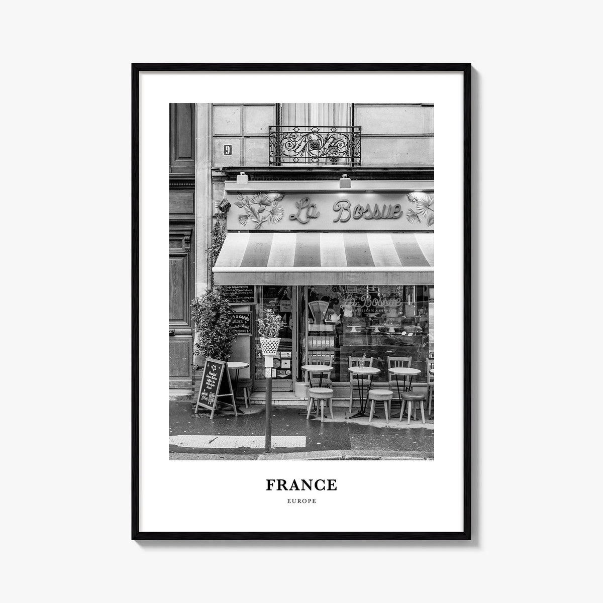 France no. 4 black & white classic poster of Europe – vertical wall art, unframed print shown in interior mockup