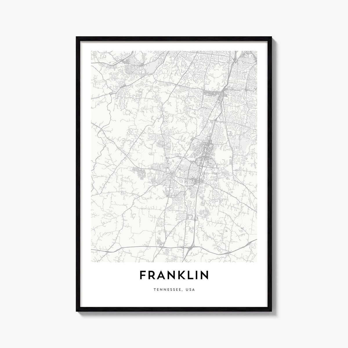 Franklin black & white map poster of Tennessee, USA – vertical wall art, unframed print shown in interior mockup