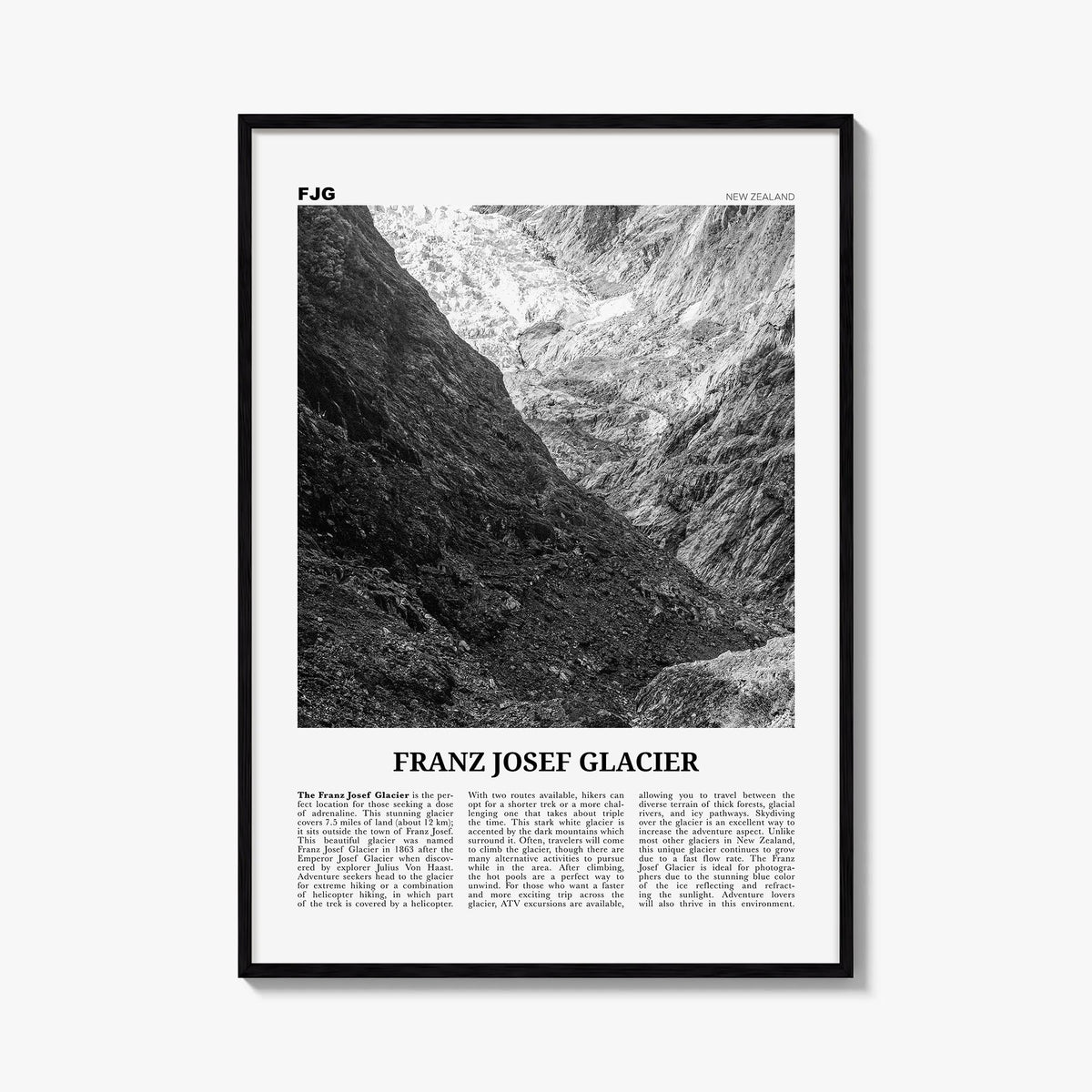 Franz Josef Glacier black & white newspaper poster of New Zealand – vertical wall art, unframed print shown in interior mocku